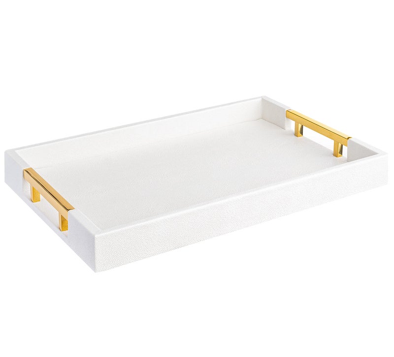 Home Redefined Modern Elegant 17.5"x12" Rectangle Glossy Faux Leather Shagreen White Decorative Serving Tray with Gold Polished Metal Handles for Ottoman Coffee Table Perfume - Image 1